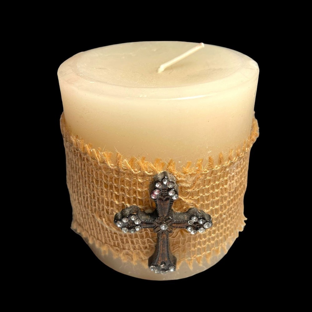 VTG Hobby Lobby Ivory Decorative Candle Rhinestone Cross 4” x 4” Unscented